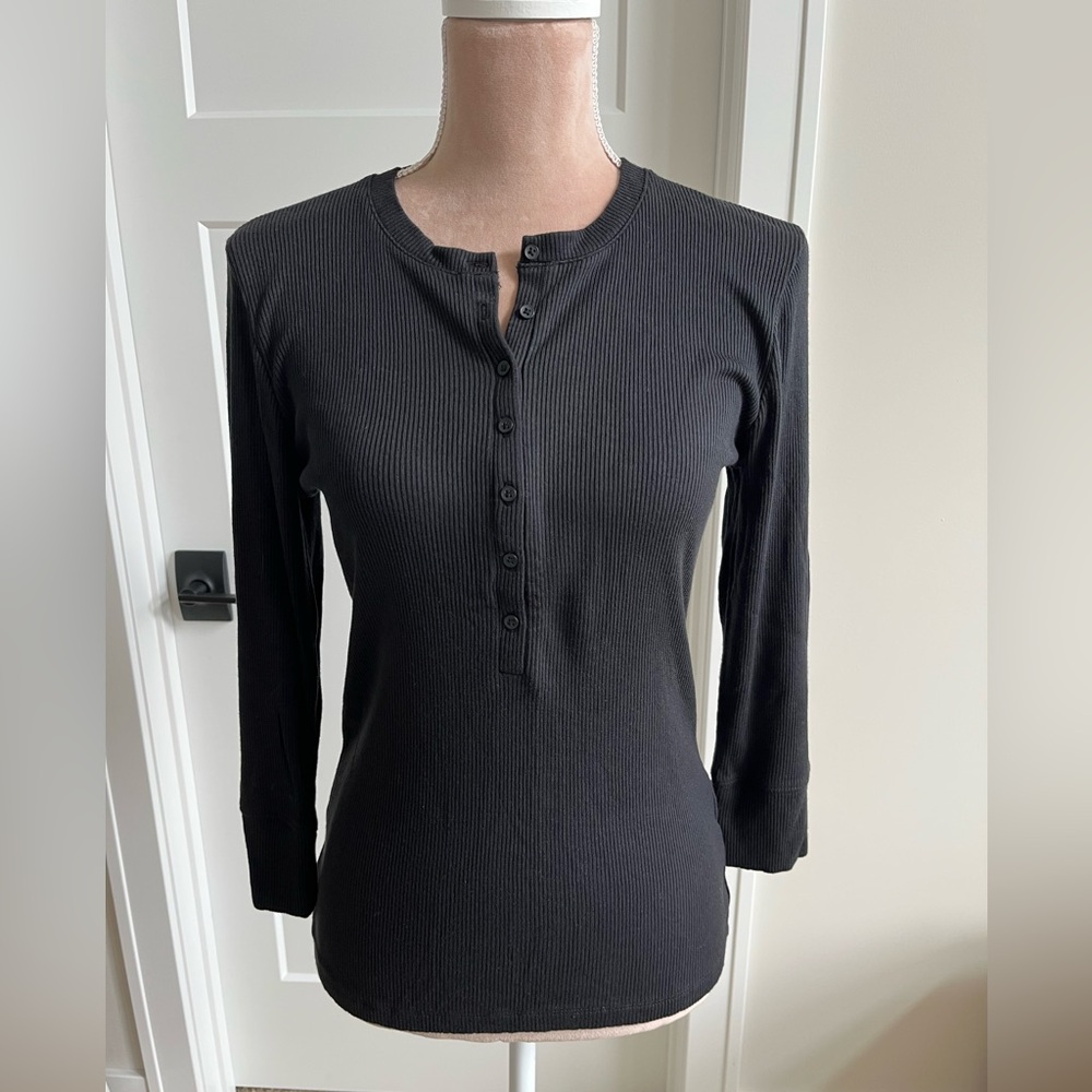 J. Crew Black Henley Ribbed Top